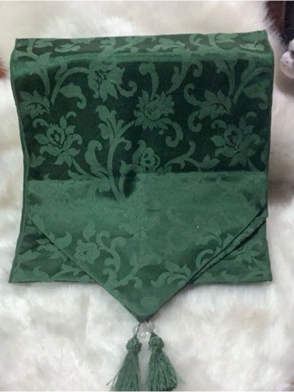 #021 Better Homes And Gardens Dark Green Floral Jacquard Scarf with Tassels